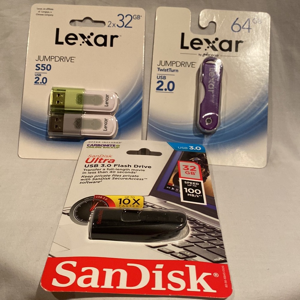 Lexar and Sandisk Flash Drives, 3 Sealed Pkge